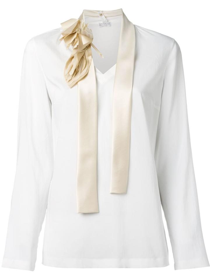 Brunello Cucinelli Floral Contrast Tie Collar V Neck Blouse