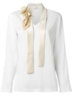 Brunello Cucinelli Floral Contrast Tie Collar V Neck Blouse