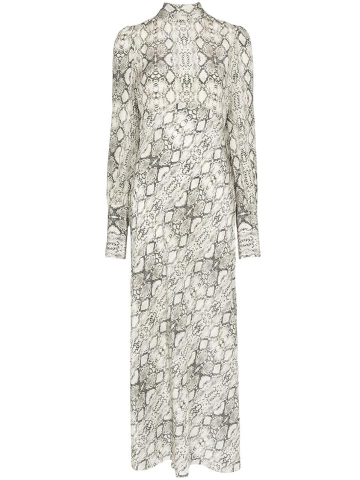 Les Reveries Snake Print Pussy Bow Midi Dress - Neutrals