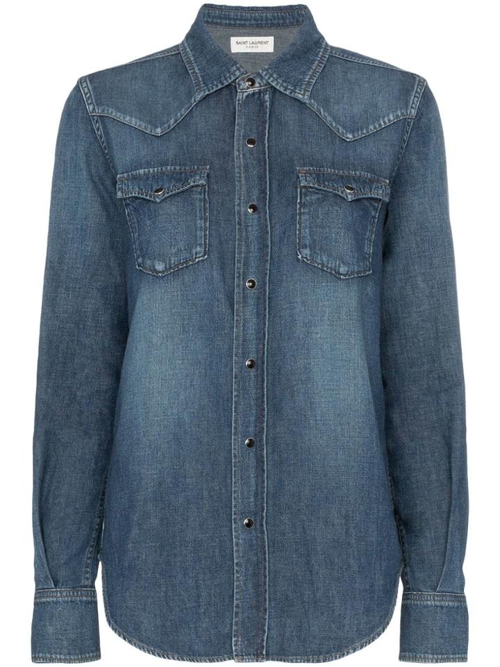 Saint Laurent Popper Button Envelope Pocket Denim Shirt - Blue