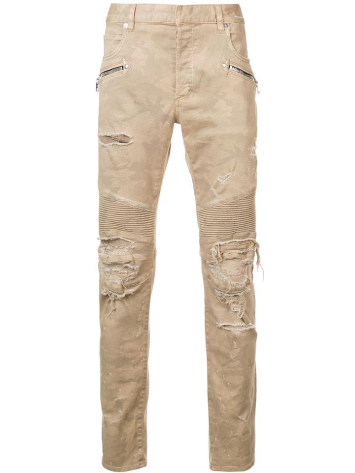 Balmain Destroyed Camouflage Print Biker Jeans - Nude & Neutrals