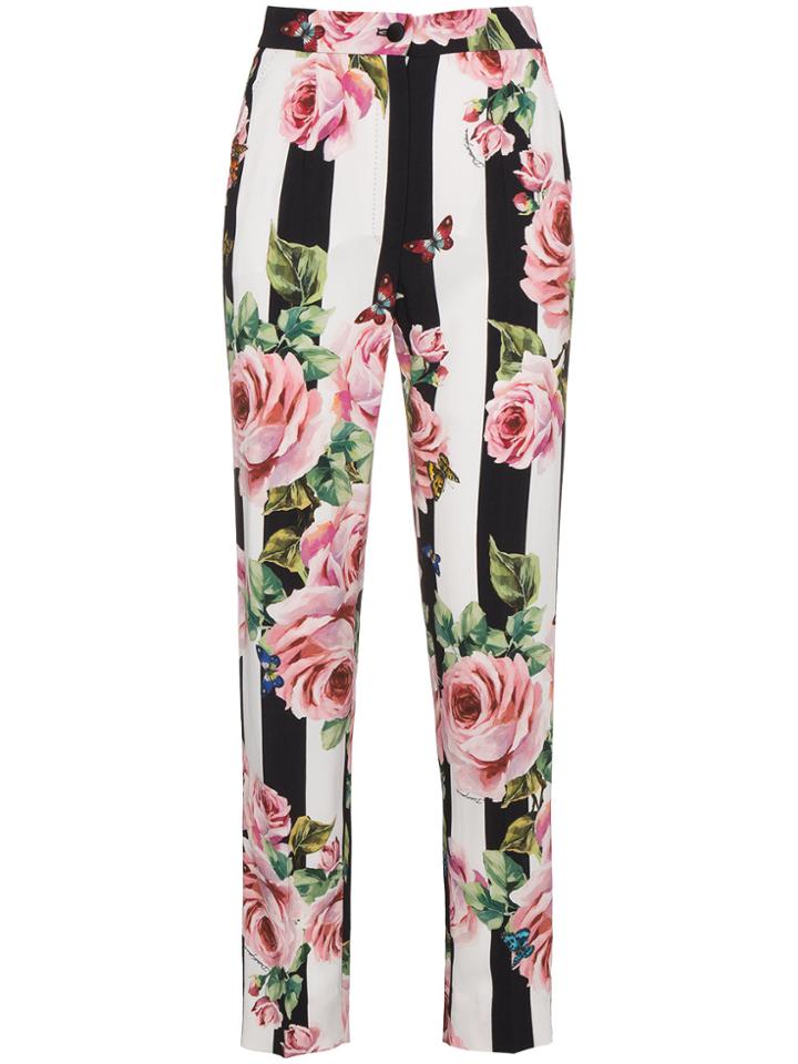 Dolce & Gabbana Striped Rose Print Trousers - Black