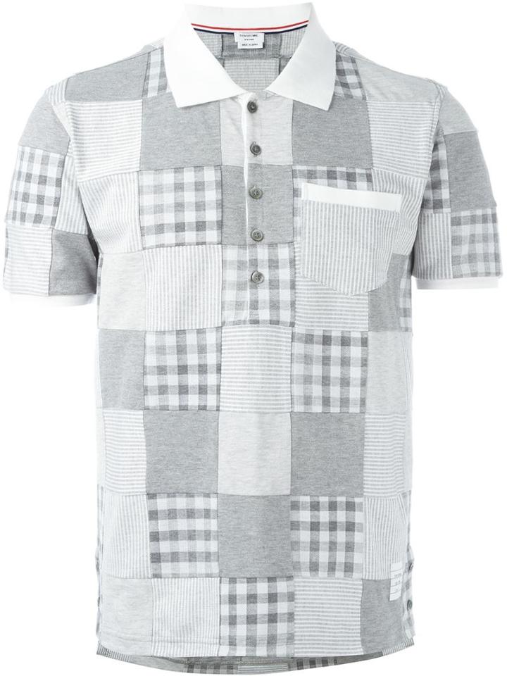 Thom Browne Patchwork Polo Shirt, Men's, Size: I, Grey, Cotton/nylon