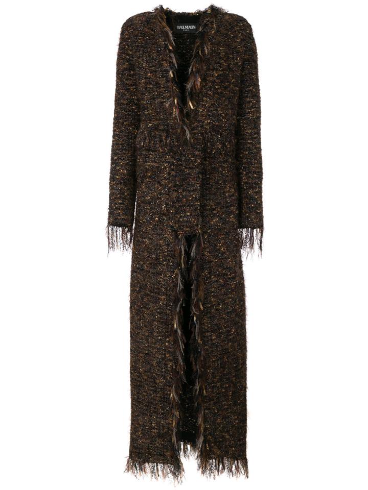 Balmain Long Tweed Coat - Brown
