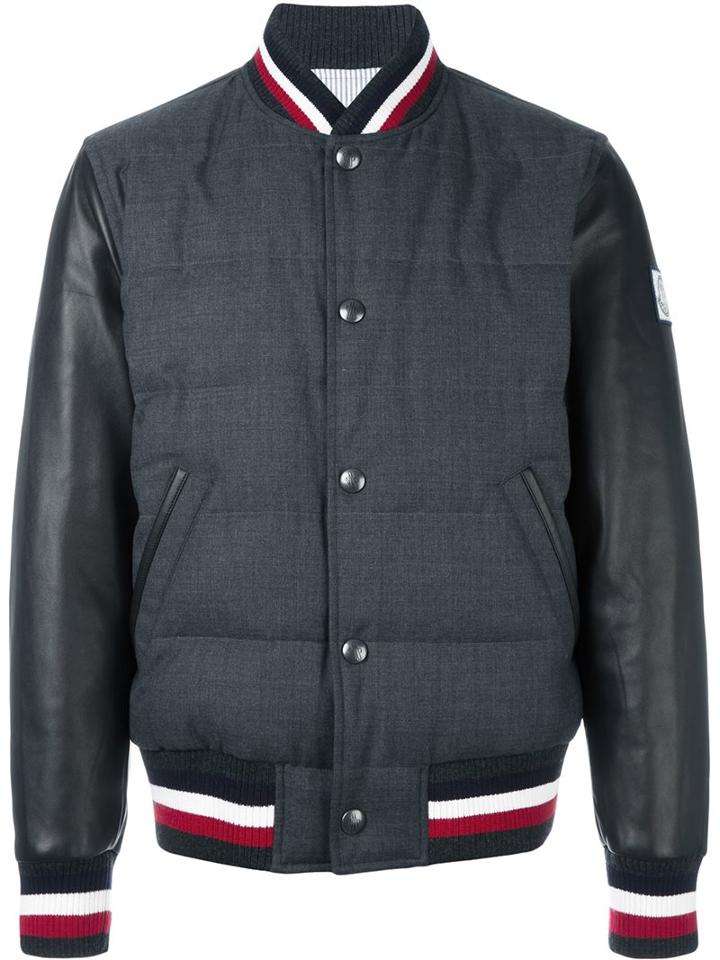 Moncler Gamme Bleu Striped Detail Bomber, Men's, Size: 1, Grey, Cotton/feather Down/leather/wool