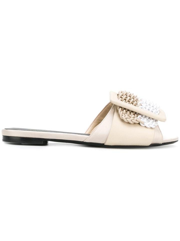 Ermanno Scervino Woven Buckle Peep Toe Mules - Nude & Neutrals