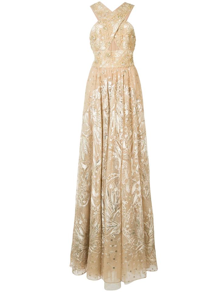 Marchesa Notte - Floral Bead Embellished Gown - Women - Nylon - 10, Yellow/orange, Nylon