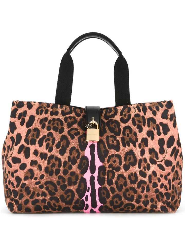 Dolce & Gabbana Leopard Print Tote Bag, Women's, Brown, Cotton/calf Leather/nylon/polyester