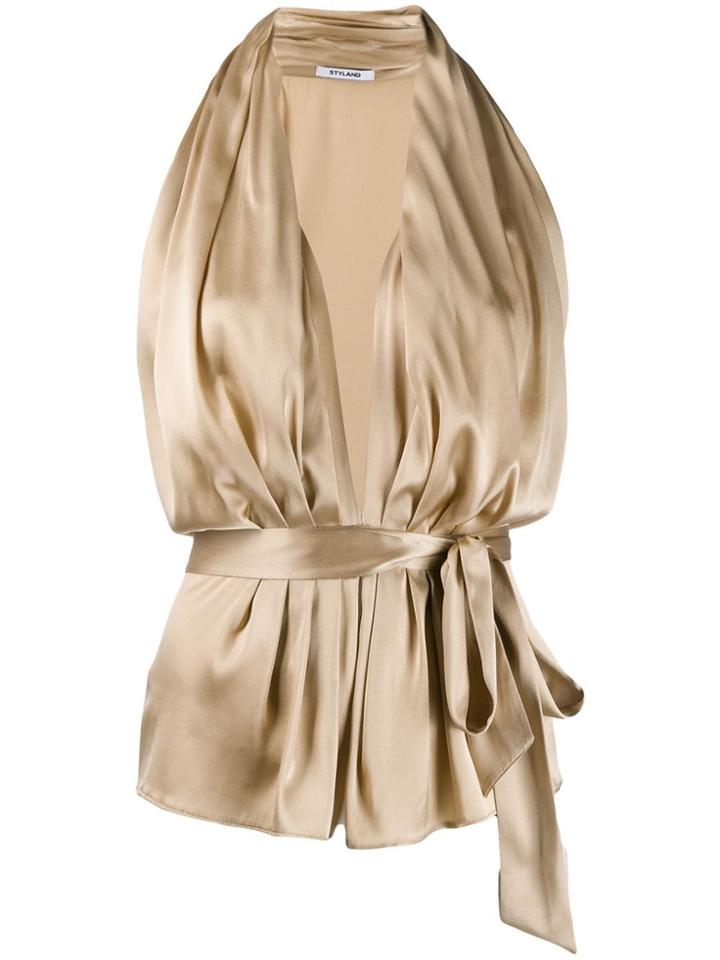 Styland Bow Tied Plunge Halterneck Top - Neutrals