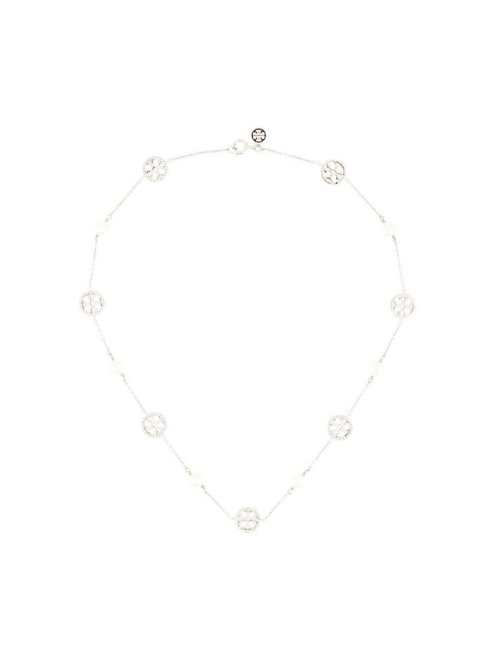 Tory Burch Crystal Pearl Logo Necklace - Silver