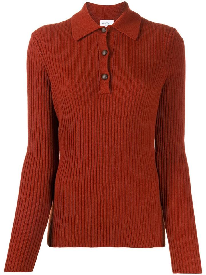 Salvatore Ferragamo Buttoned Ribbed Knit Sweater - Red