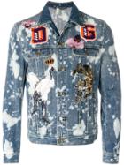 Dolce & Gabbana Bleached Denim Jacket With Patch Appliqués - Blue