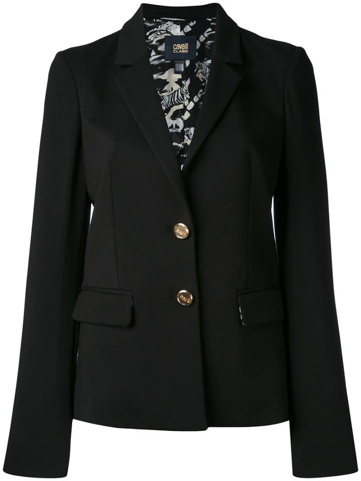 Cavalli Class - Notched Lapel Fitted Jacket - Women - Silk/cotton/polyamide/viscose - 44, Black, Silk/cotton/polyamide/viscose