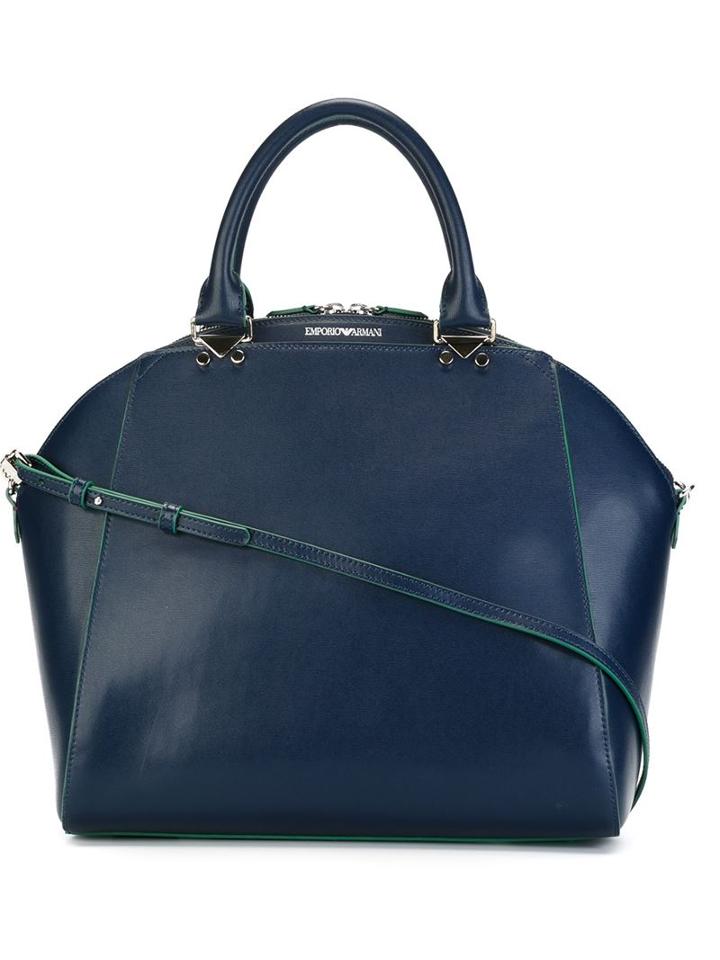 Emporio Armani Top Zip Tote, Women's, Blue, Calf Leather/cotton