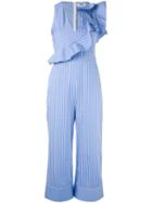 Msgm - Sleeveless Ruffle Jumpsuit - Women - Cotton - 44, Blue, Cotton