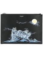 Saint Laurent Wolf Print Clutch, Men's, Black, Calf Leather