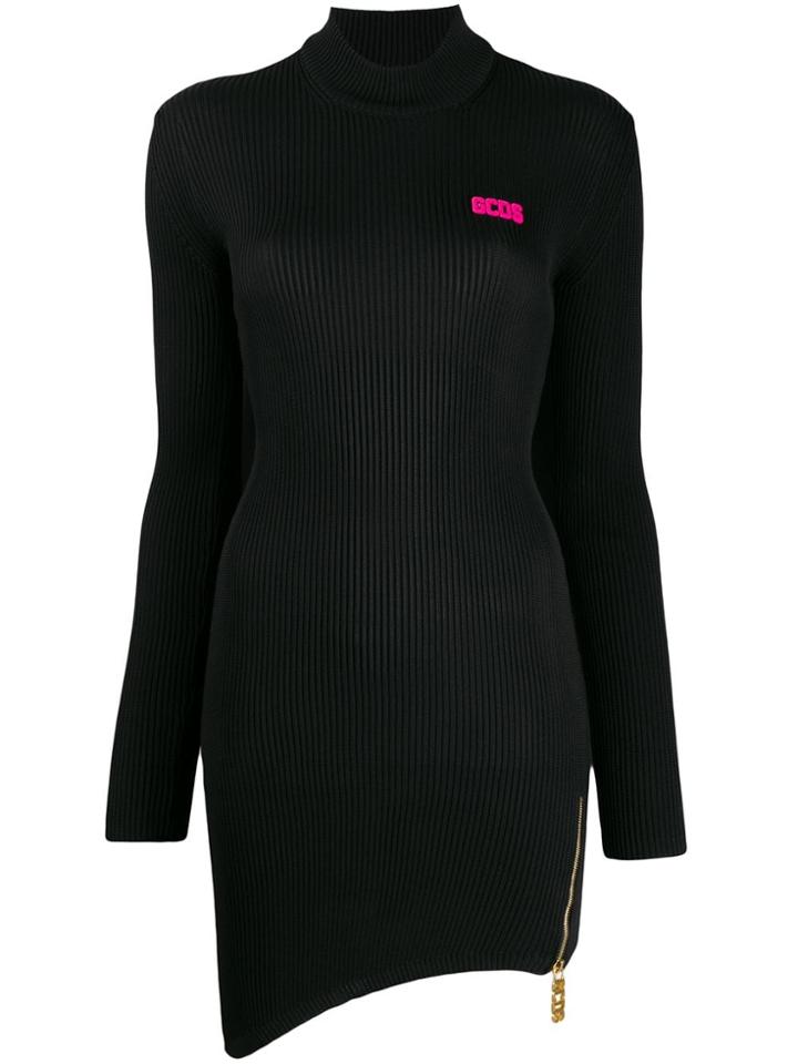 Gcds Asymmetric Hem Ribbed Knit Dress - Black