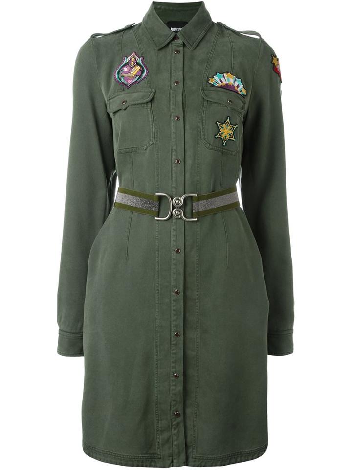Just Cavalli Patched Military Dress, Women's, Size: 44, Green, Polyester/lyocell/viscose