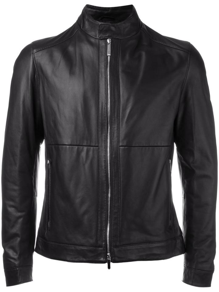 Boss Hugo Boss Round Collar Biker Jacket, Men's, Size: 56, Black, Lamb Skin/polyester