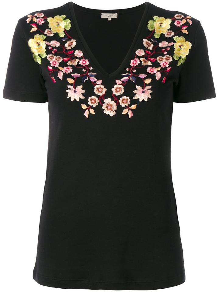 Etro - Embroidered Floral T-shirt - Women - Cotton/viscose - 42, Black, Cotton/viscose