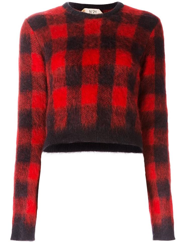 No21 Checked Cropped Jumper, Women's, Size: 42, Red, Polyamide/mohair/wool
