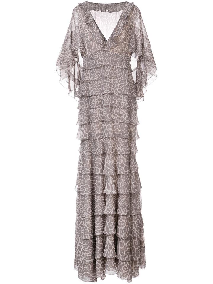 J. Mendel - Leopard Print Tiered Cape Gown - Women - Silk - 8, Brown, Silk