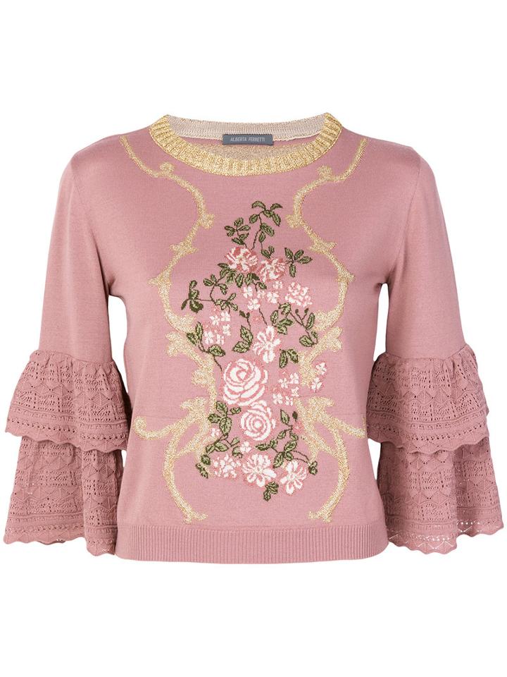 Alberta Ferretti - Floral Embroidered Frill Sleeve Sweater - Women - Polyester/viscose/virgin Wool - 42, Pink/purple, Polyester/viscose/virgin Wool