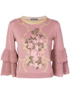 Alberta Ferretti - Floral Embroidered Frill Sleeve Sweater - Women - Polyester/viscose/virgin Wool - 42, Pink/purple, Polyester/viscose/virgin Wool
