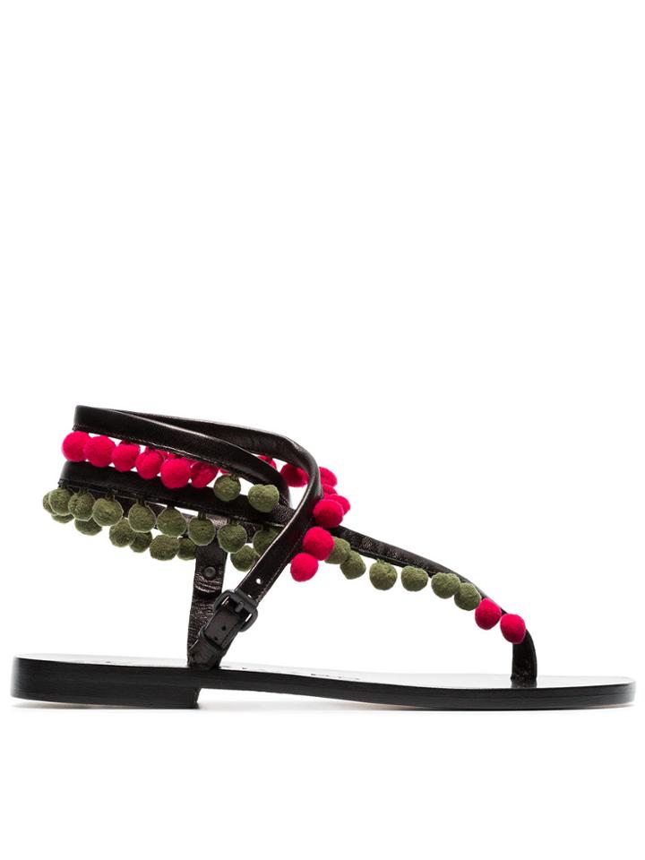 Álvaro Green Androna Pom Pom Leather Sandals - Black
