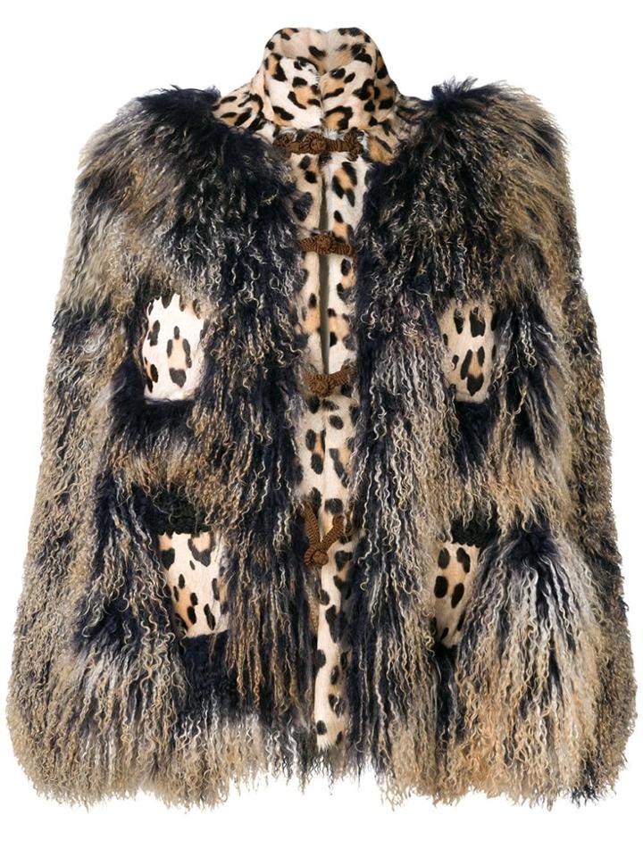 Liska Leopard Print Panel Fur Jacket - Neutrals