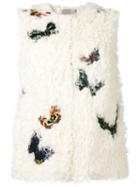 Valentino - Butterfly Embroidered Gilet - Women - Silk/cotton/polyester/lamb Fur - 40, Nude/neutrals, Silk/cotton/polyester/lamb Fur