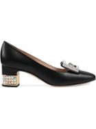 Gucci Leather Mid-heel Pump With Crystal G - Black