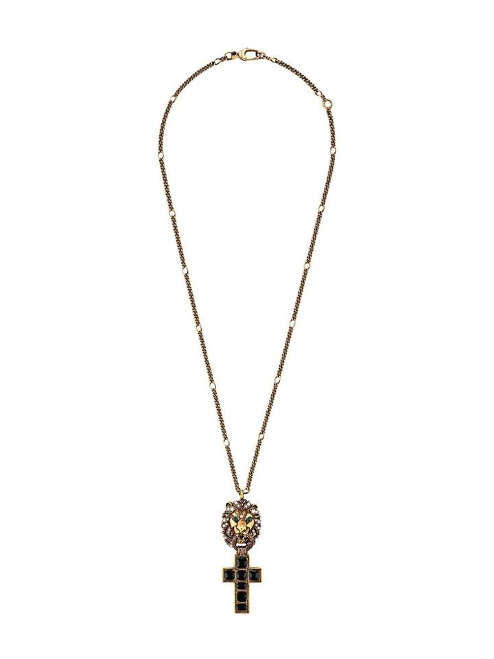 Gucci Lion Head Cross Necklace - Gold