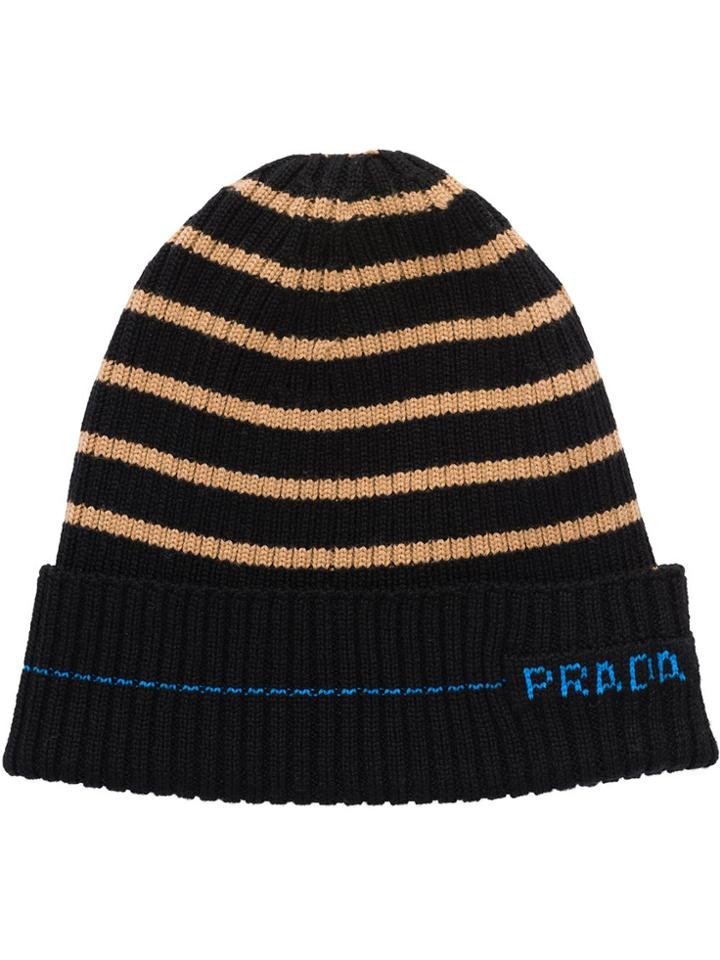 Prada Striped Knitted Beanie Hat - Black
