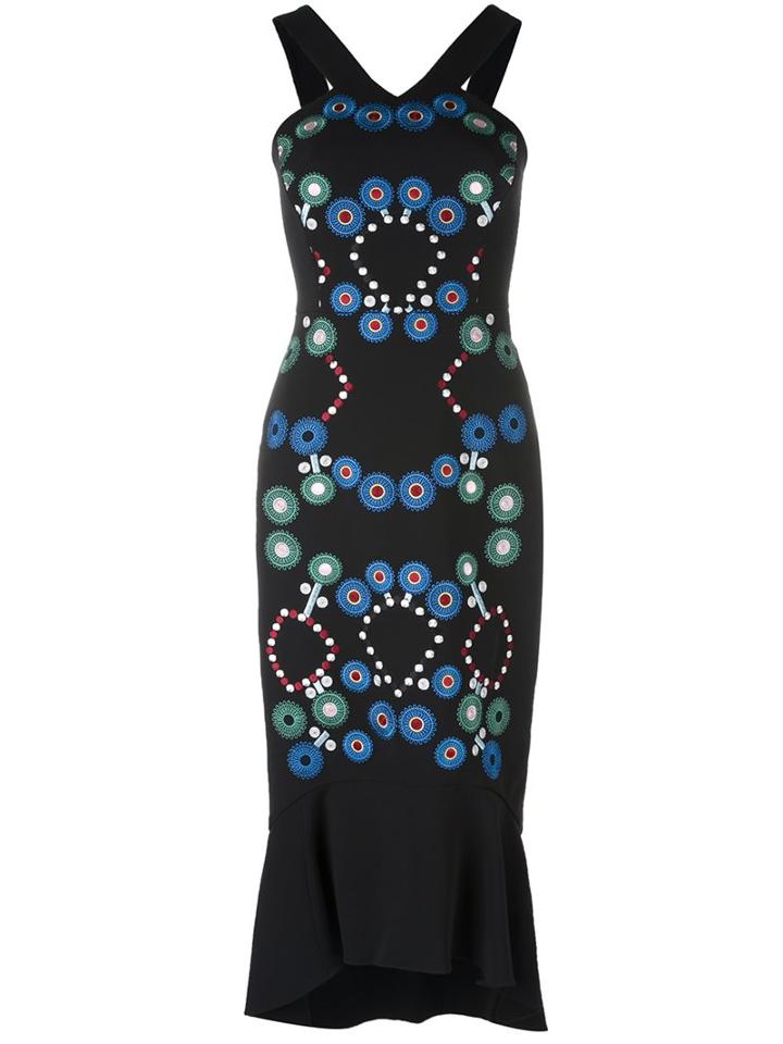 Peter Pilotto Geometric Embroidered Cady Dress, Women's, Size: 6, Black, Bemberg/viscose/acetate/polyester