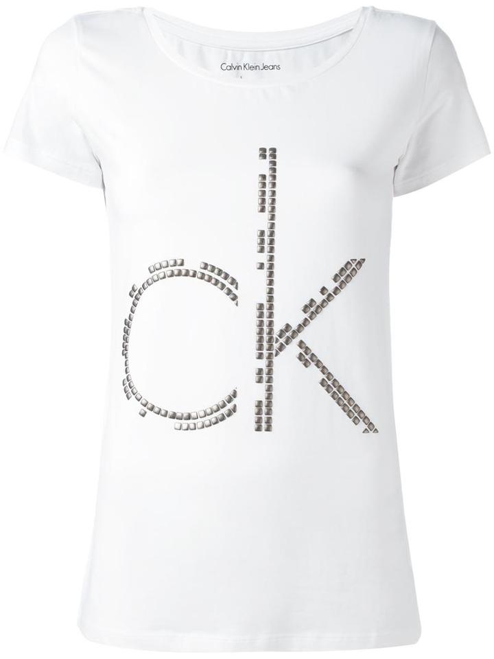 Calvin Klein Jeans Studded Logo T-shirt, Women's, Size: Medium, White, Cotton/spandex/elastane