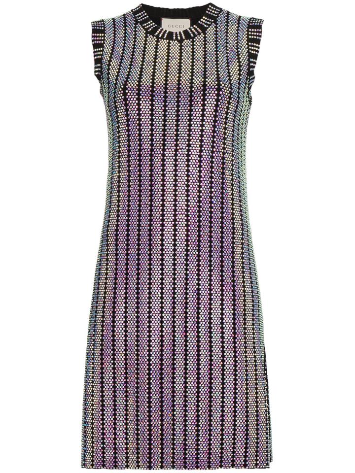 Gucci Crystal Embroidered Ribbed Knit Dress - Black