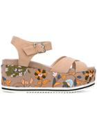 Steffen Schraut Floral Embroidery Platform Sandals - Nude & Neutrals