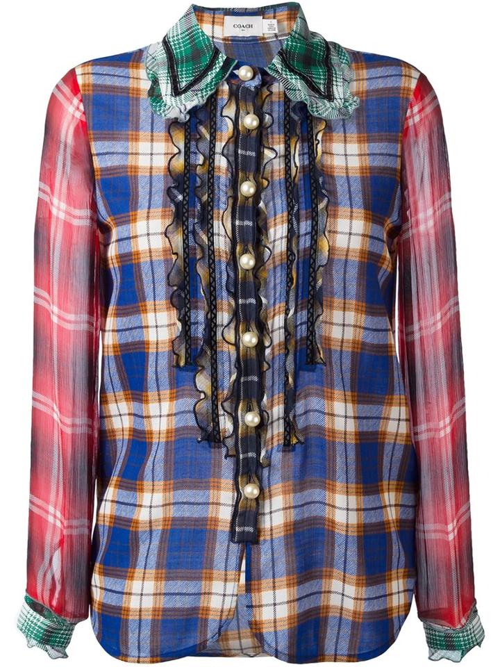 Coach Plaid Ruffled Shirt, Women's, Size: 2, Silk/nylon/wool