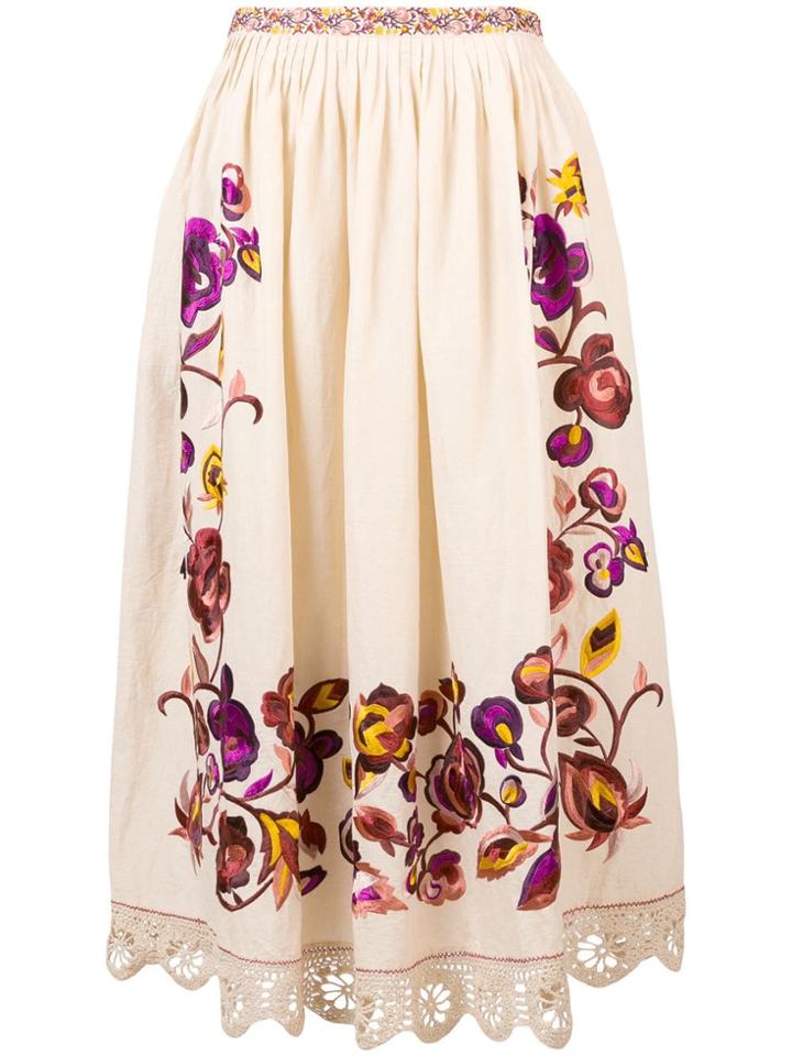 Ulla Johnson Embroidered Floral Full Skirt - Neutrals