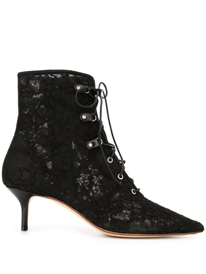Francesco Russo Lace Kitten Heel Bootie With Lace-up - Black