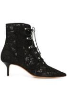 Francesco Russo Lace Kitten Heel Bootie With Lace-up - Black