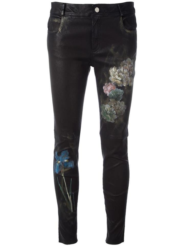 Pihakapi Flower Print Skinny Trousers, Women's, Size: Small, Black, Calf Leather/cotton/spandex/elastane