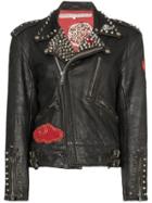 One Vintage Studded Embroidery Biker Jacket - Black