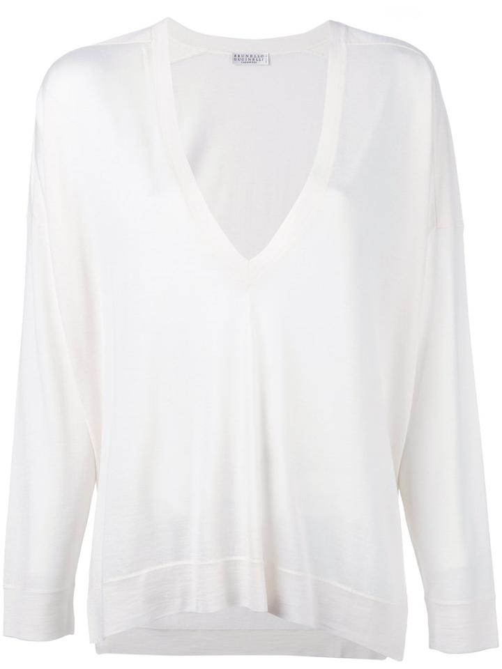 Brunello Cucinelli V-neck Jumper, Women's, Size: Xl, White, Cashmere/silk