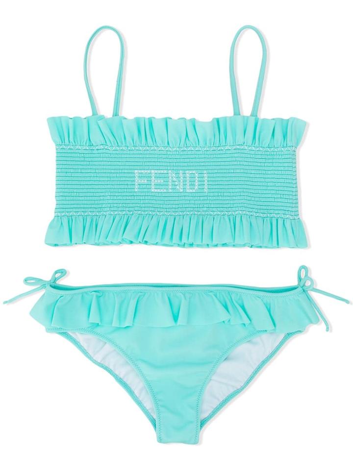 Fendi Kids Frilled Smocked Bandeau Bikini - Blue