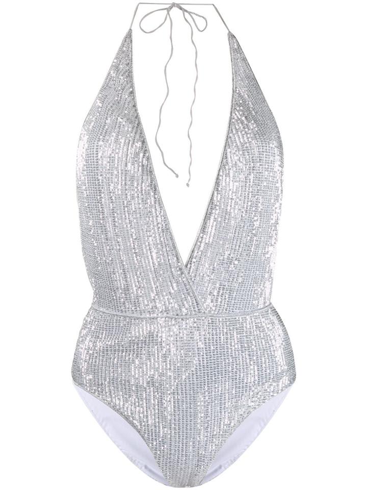 Oseree Sequinned Halterneck Swimsuit - Silver