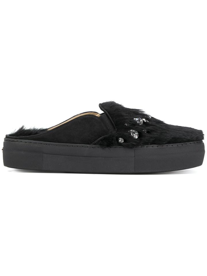 Rodo Embellished Fur Slippers - Black