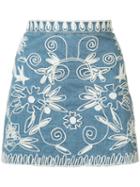 Alice+olivia Embroidered Denim Skirt, Women's, Size: 10, Blue, Cotton/spandex/elastane