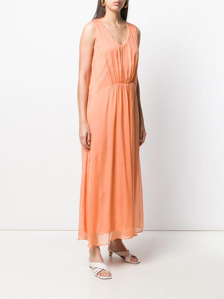 120% Lino Long Sleeveless Ruched Dress - Orange